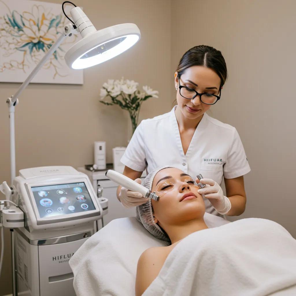 HIFU eye lift treatment in a calming spa environment with a practitioner and patient