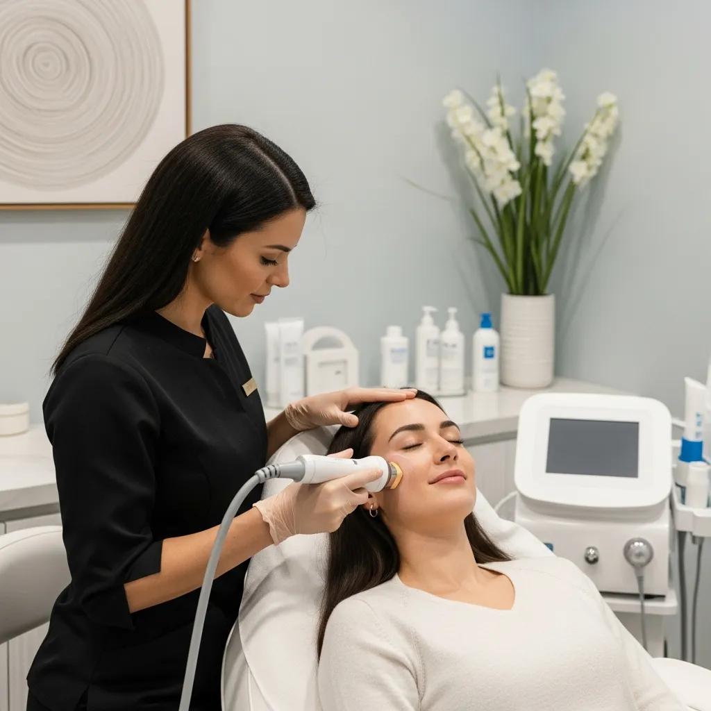 Aesthetician performing HIFU skin tightening treatment in a modern clinic, highlighting non-invasive beauty procedures