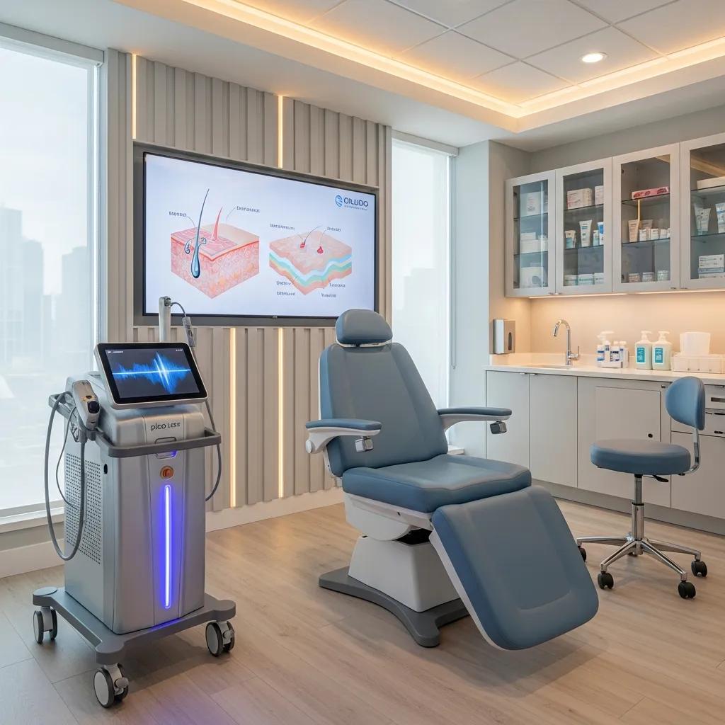 Modern laser consultation room with pico laser device, emphasizing advanced skin treatment technology
