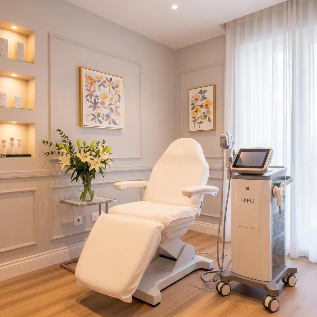 Modern cosmetic clinic room with HIFU machine and calming decor