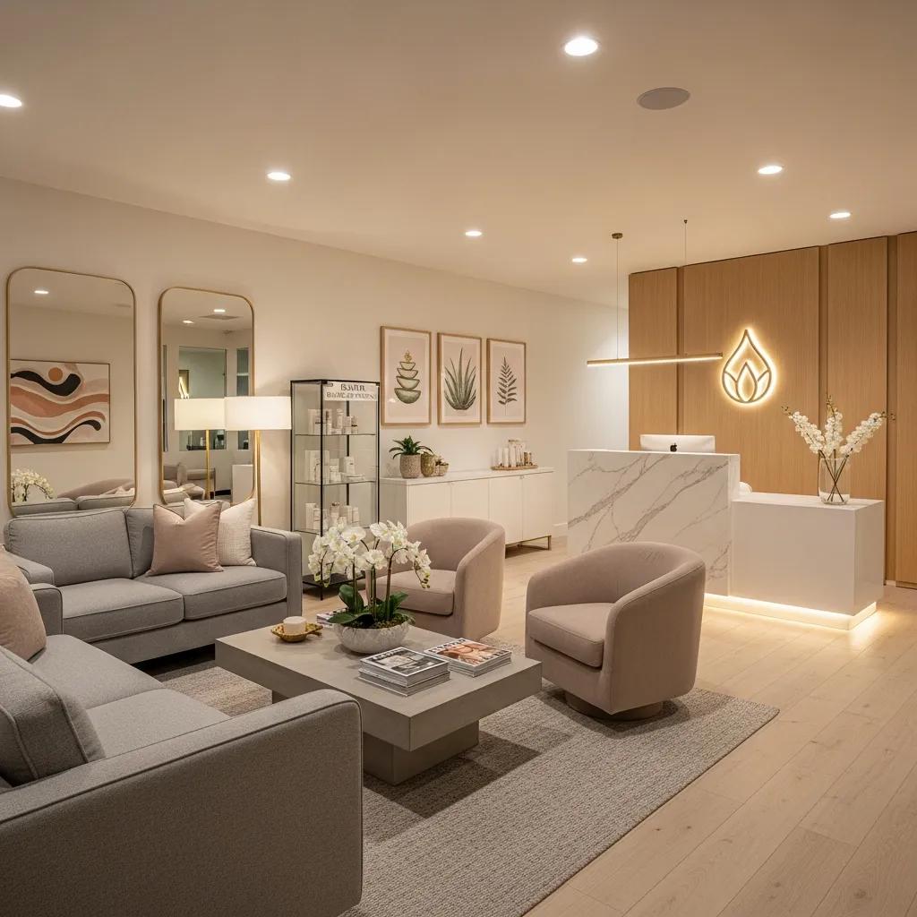 Modern cosmetic laser clinic reception area emphasizing skin rejuvenation and client comfort