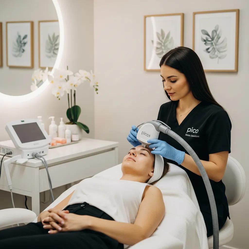Pico laser treatment in a modern cosmetic clinic, highlighting patient comfort and professional care