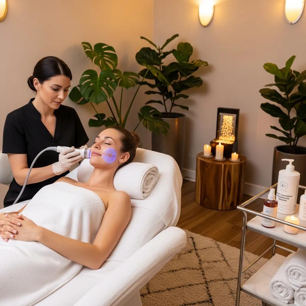 Woman receiving skin tightening treatment in a calming spa environment